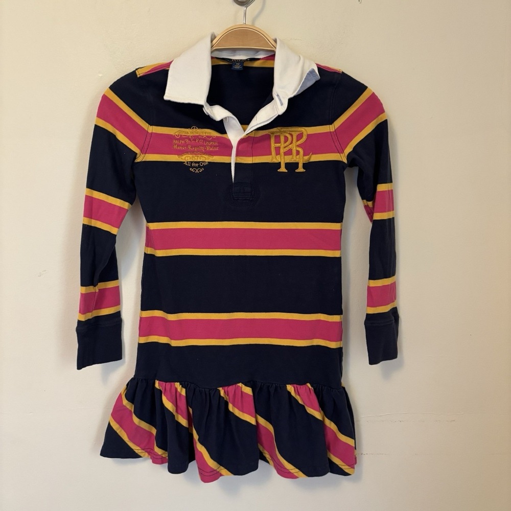 Polo‎ Ralph Lauren Girl's Rugby Dress Pink Blue Striped Embroidered Ruffle S 7